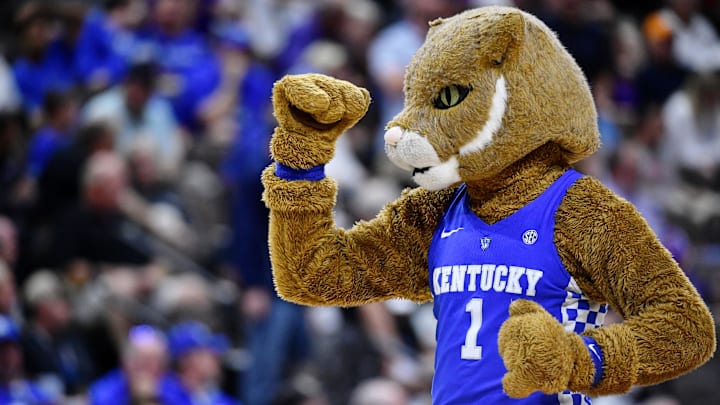 Mar 23, 2019; Jacksonville, FL, USA; The Kentucky Wildcats mascot gestures during the first half of their game against the Wofford Terriers in the second round of the 2019 NCAA Tournament at Jacksonville Veterans Memorial Arena. Mandatory Credit: John David Mercer-Imagn Images