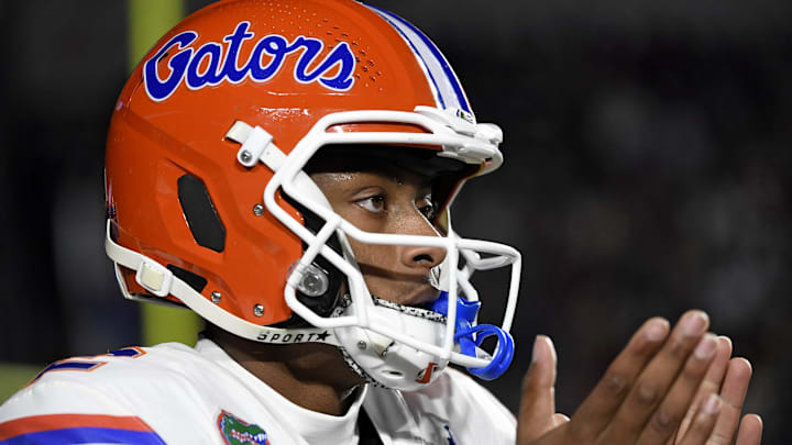 Nov 30, 2024; Tallahassee, Florida, USA; Florida Gators quarterback DJ Lagway (2) celebrates a touchdown during the first half of the game against the Florida State Seminoles at Doak S. Campbell Stadium. Mandatory Credit: Melina Myers-Imagn Images Nov 30, 2024; Tallahassee, Florida, USA; Florida Gators quarterback DJ Lagway (2) celebrates a touchdown during the first half of the game against the Florida State Seminoles at Doak S. Campbell Stadium. Mandatory Credit: Melina Myers-Imagn Images