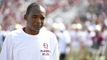 Apr 15, 2023; Tallahassee, FL, USA; Florida State Seminoles co-defensive coordinator and linebackers coach Randy Shannon looks on during the spring game at Doak Campbell Stadium. Mandatory Credit: Melina Myers-Imagn Images