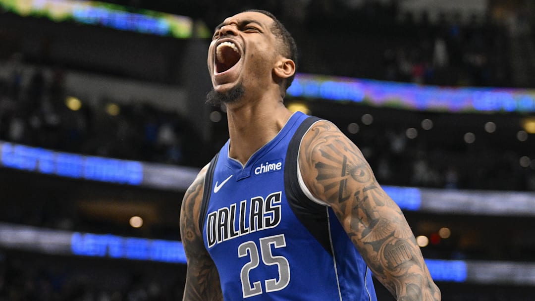 Jan 9, 2025; Dallas, Texas, USA; Dallas Mavericks forward P.J. Washington (25) celebrates during the second half against the Portland Trail Blazers at the American Airlines Center. Mandatory Credit: Jerome Miron-Imagn Images