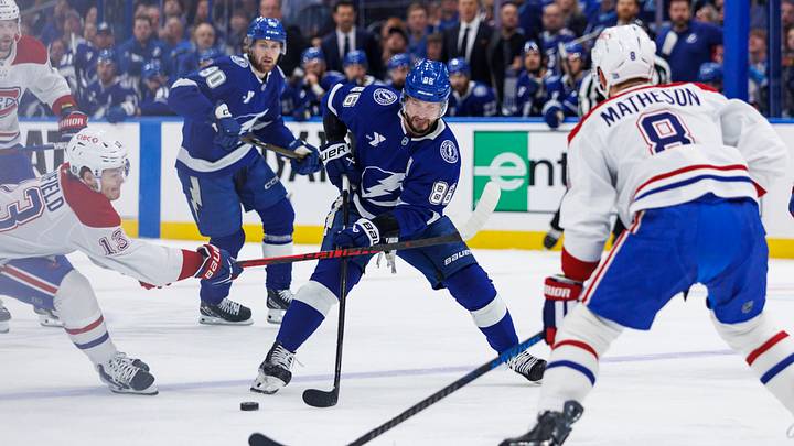 May 3, 2026; Tampa, Florida, USA; Tampa Bay Lightning forward Nikita Kucherov (86) skates between Montreal Canadiens forward Cole Caufield (13) and defenseman Mike Matheson (8) during the first period in game seven of the first round of the 2026 Stanley Cup Playoffs at Benchmark International Arena. Mandatory Credit: Morgan Tencza-Imagn Images May 3, 2026; Tampa, Florida, USA; Tampa Bay Lightning forward Nikita Kucherov (86) skates between Montreal Canadiens forward Cole Caufield (13) and defenseman Mike Matheson (8) during the first period in game seven of the first round of the 2026 Stanley Cup Playoffs at Benchmark International Arena. Mandatory Credit: Morgan Tencza-Imagn Images