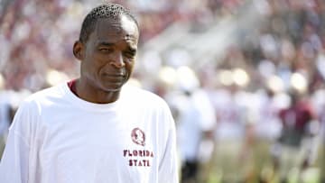 Apr 15, 2023; Tallahassee, FL, USA; Florida State Seminoles co-defensive coordinator and linebackers coach Randy Shannon looks on during the spring game at Doak Campbell Stadium. Mandatory Credit: Melina Myers-Imagn Images