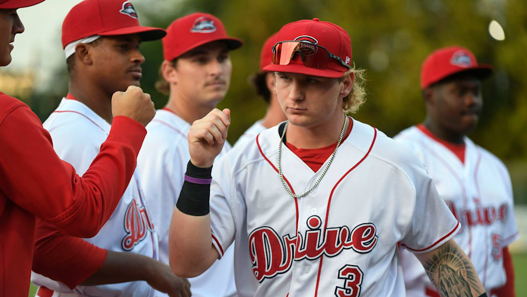 Cutter Coffey (3) takes the field before the Greenville Drive take on Hudson Valley during the 2023 South Atlantic League championship at Flour Field in Greenville, S.C. Coffey was traded from the Boston Red Sox organization to the Toronto Blue Jays in the 2024 Danny Jansen trade.