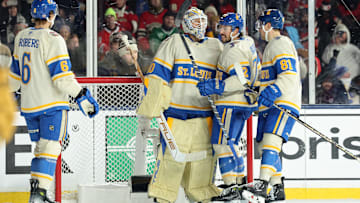 Jordan Binnington, Justin Faulk, Dylan Holloway