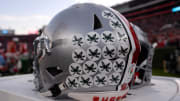 Jan 1, 2022; Pasadena, CA, USA; A detailed view of an Ohio State Buckeyes helmet during the 2022 Rose Bowl college football game between the Buckeyes and the Utah Utes at the Rose Bowl. Mandatory Credit: Orlando Ramirez-USA TODAY Sports