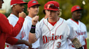 The Greenville Drive's Cutter Coffey (3) enters the field before they take on Hudson Valley during the South Atlantic League championships at Flour Field in Greenville, S.C., on Tuesday, Sept. 19, 2023.