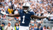 Penn State wide receiver KeAndre Lambert-Smith celebrates after scoring a touchdown for the Nittany Lions.