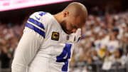 Jan 14, 2024; Arlington, Texas, USA; Dallas Cowboys quarterback Dak Prescott (4) before the 2024 NFC wild card game against the Green Bay Packers at AT&T Stadium. Mandatory Credit: Kevin Jairaj-USA TODAY Sports