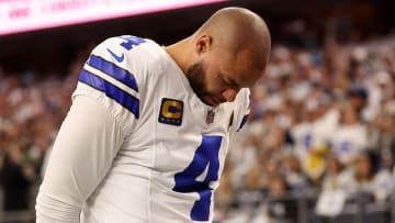 Jan 14, 2024; Arlington, Texas, USA; Dallas Cowboys quarterback Dak Prescott (4) before the 2024 NFC wild card game against the Green Bay Packers at AT&T Stadium. Mandatory Credit: Kevin Jairaj-USA TODAY Sports