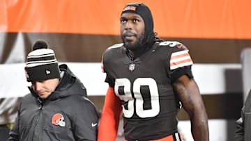 Dec 17, 2022; Cleveland, Ohio, USA; Cleveland Browns defensive end Jadeveon Clowney (90) leaves the field with an injury during the first half against the Baltimore Ravens at FirstEnergy Stadium. Mandatory Credit: Ken Blaze-Imagn Images