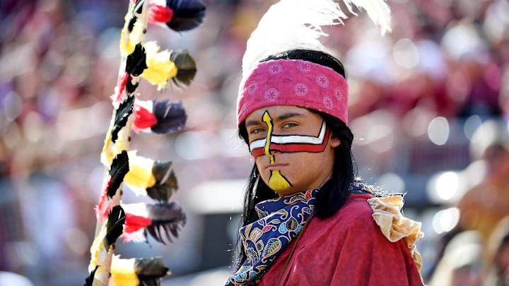 Sep 21, 2019; Tallahassee, FL, USA; Florida State Seminoles Chief Osceola on the sidelines during the game against the Louisville Cardinals at Doak Campbell Stadium. Mandatory Credit: Melina Myers-Imagn Images