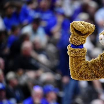 Mar 23, 2019; Jacksonville, FL, USA; The Kentucky Wildcats mascot gestures during the first half of their game against the Wofford Terriers in the second round of the 2019 NCAA Tournament at Jacksonville Veterans Memorial Arena. Mandatory Credit: John David Mercer-Imagn Images