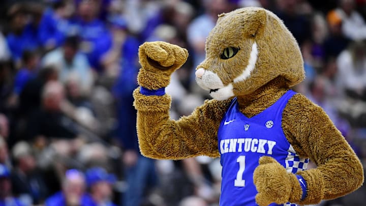 Mar 23, 2019; Jacksonville, FL, USA; The Kentucky Wildcats mascot gestures during the first half of their game against the Wofford Terriers in the second round of the 2019 NCAA Tournament at Jacksonville Veterans Memorial Arena. Mandatory Credit: John David Mercer-Imagn Images