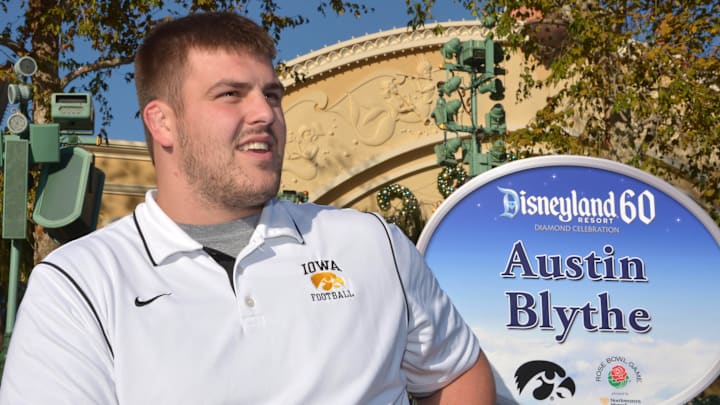 Dec 26, 2015; Anaheim, CA, USA; Iowa Hawkeyes offensive lineman Austin Blythe during press conference prior to the 102nd Rose Bowl against the Stanford Cardinal at the Disney California Adventure Park. Mandatory Credit: Kirby Lee-Imagn Images