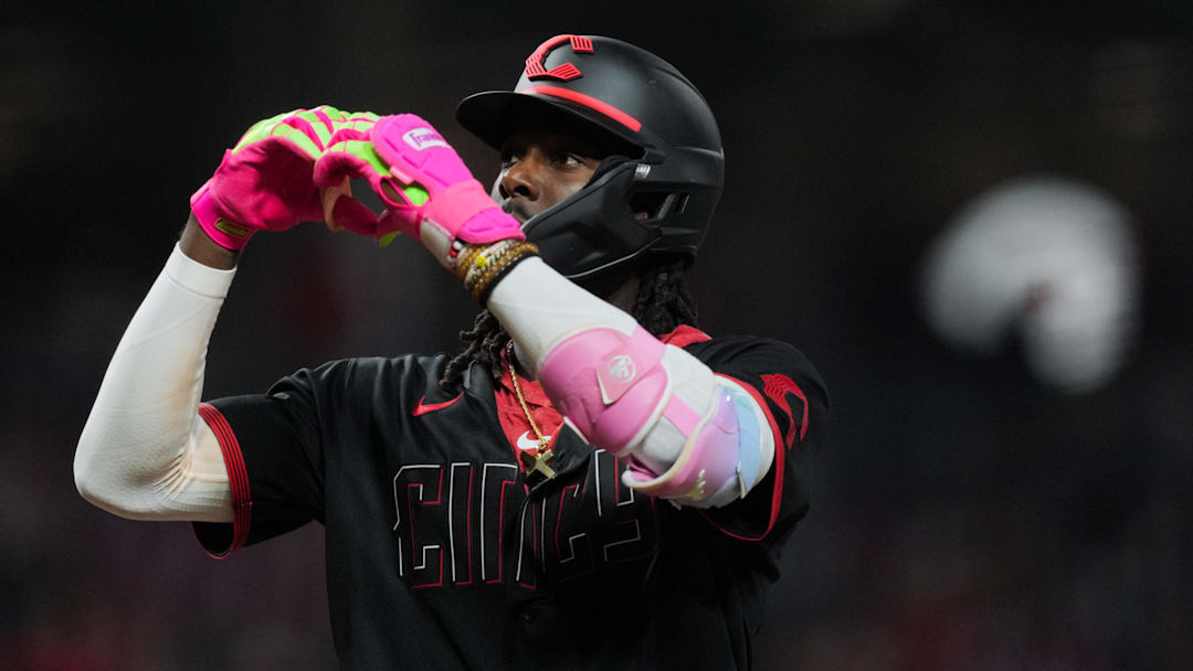 Apr 10, 2026; Cincinnati, Ohio, USA;  Cincinnati Reds shortstop Elly de la Cruz (44) gestures after hitting a solo home run against the Los Angeles Angels in the eighth inning at Great American Ball Park. Mandatory Credit: Aaron Doster-Imagn Images