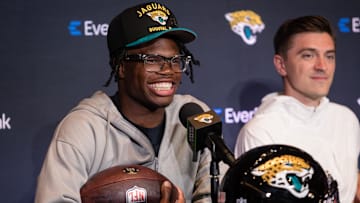 Apr 25, 2025; Jacksonville, FL, USA; Jacksonville Jaguars first round draft pick Travis Hunter talks to the media during a press conference at Miller Electric Center. Mandatory Credit: Travis Register-Imagn Images