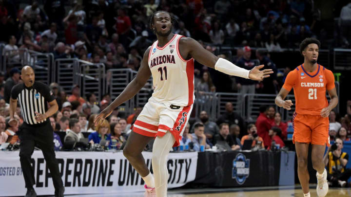 Mar 28, 2024; Los Angeles, CA, USA; Arizona Wildcats center Oumar Ballo (11) reacts in the first half against the Clemson Tigers in the semifinals of the West Regional of the 2024 NCAA Tournament at Crypto.com Arena. Mandatory Credit: Jayne Kamin-Oncea-USA TODAY Sports