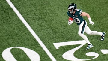Feb 9, 2025; New Orleans, LA, USA; Philadelphia Eagles cornerback Cooper DeJean (33) returns a punt return against the Kansas City Chiefs during the first quarter in Super Bowl LIX at Caesars Superdome. Mandatory Credit: Kirby Lee-Imagn Images