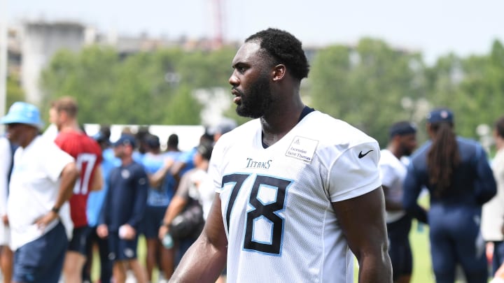 Jul 29, 2023; Nashville, TN, USA; Tennessee Titans offensive tackle Nicholas Petit-Frere (78) walks off the field after training camp. Mandatory Credit: Christopher Hanewinckel-USA TODAY Sports