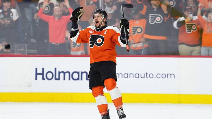 Apr 29, 2026; Philadelphia, Pennsylvania, USA; Philadelphia Flyers right wing Travis Konecny (11) reacts after game six of the first round of the 2026 Stanley Cup Playoffs against the Pittsburgh Penguins at Xfinity Mobile Arena. Mandatory Credit: Kyle Ross-Imagn Images