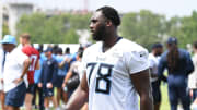 Jul 29, 2023; Nashville, TN, USA; Tennessee Titans offensive tackle Nicholas Petit-Frere (78) walks off the field after training camp. Mandatory Credit: Christopher Hanewinckel-USA TODAY Sports