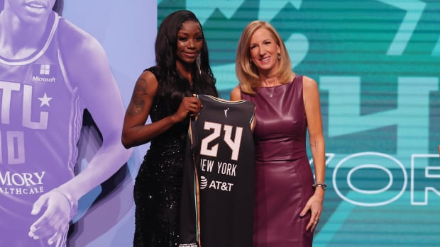 Apr 15, 2024; Brooklyn, NY, USA; Marquesha Davis poses with WNBA commissioner Cathy Engelbert after