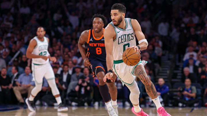 May 12, 2025; New York, New York, USA; Boston Celtics forward Jayson Tatum (0) dribbles up court in front of New York Knicks forward OG Anunoby (8) in the second half during game four of the second round for the 2025 NBA Playoffs at Madison Square Garden. Mandatory Credit: Vincent Carchietta-Imagn Images May 12, 2025; New York, New York, USA; Boston Celtics forward Jayson Tatum (0) dribbles up court in front of New York Knicks forward OG Anunoby (8) in the second half during game four of the second round for the 2025 NBA Playoffs at Madison Square Garden. Mandatory Credit: Vincent Carchietta-Imagn Images