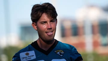 Jacksonville Jaguars place kicker Cam Little (39) walks off the field after warming up during an NFL training camp second session at the Miller Electric Center, Thursday, July 24, 2025, in Jacksonville, Fla. [Doug Engle/Florida Times-Union]