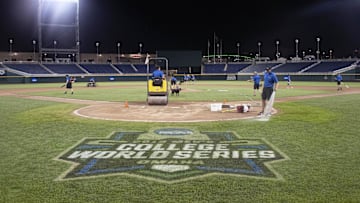 Jun 18, 2018; Omaha, NE, USA; The CWS Grounds Crew works the field after the game between the Washington Huskies and the Oregon State Beavers in the College World Series at TD Ameritrade Park. Mandatory Credit: Steven Branscombe-Imagn Images