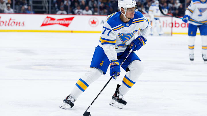 Jan 20, 2026; Winnipeg, Manitoba, CAN; St. Louis Blues forward Nick Bjugstad (77) looks to take a shot in the Winnipeg Jets zone during the first period at Canada Life Centre. Mandatory Credit: Terrence Lee-Imagn Images