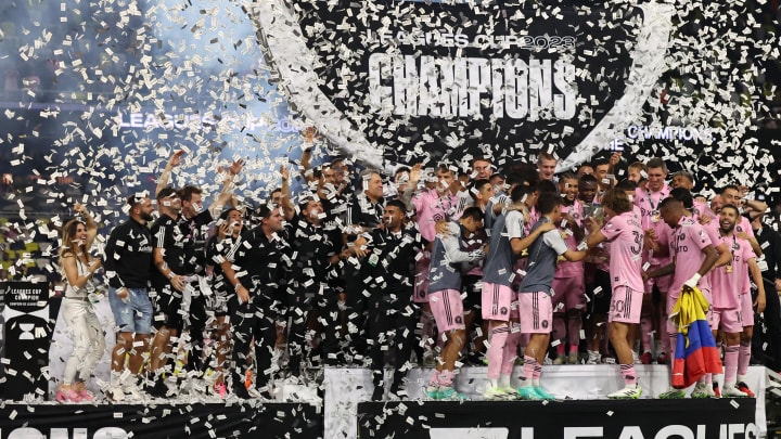 Inter Miami CF reacts during the trophy ceremony for the Leagues Cup champions.