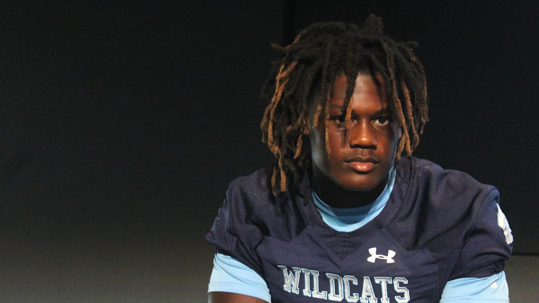 Camden County tight end Elyiss Williams (0) listens to questions during Baker's Sports High School Media Day for football presented by Jaguars Prep at Jacksonville's EverBank Stadium on Aug. 1, 2024. [Clayton Freeman/Florida Times-Union]