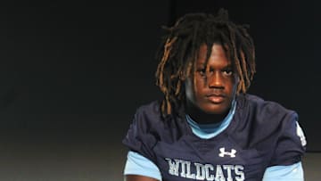 Camden County tight end Elyiss Williams (0) listens to questions during Baker's Sports High School Media Day for football presented by Jaguars Prep at Jacksonville's EverBank Stadium on Aug. 1, 2024. [Clayton Freeman/Florida Times-Union]