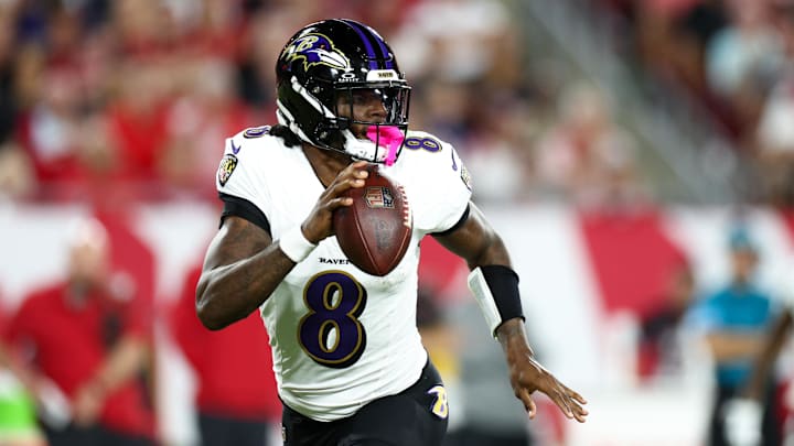 Oct 21, 2024; Tampa, Florida, USA; Baltimore Ravens quarterback Lamar Jackson (8) drops back to pass against the Tampa Bay Buccaneers in the second quarter at Raymond James Stadium. Oct 21, 2024; Tampa, Florida, USA; Baltimore Ravens quarterback Lamar Jackson (8) drops back to pass against the Tampa Bay Buccaneers in the second quarter at Raymond James Stadium.
