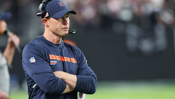 Chicago Bears head coach Ben Johnson looks on from the sideline during the second half against the Las Vegas Raiders at Allegiant Stadium.