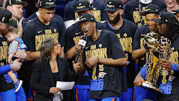 Oklahoma City Thunder forward Jalen Williams speaks after winning the 2025 NBA Finals against the Indiana Pacers