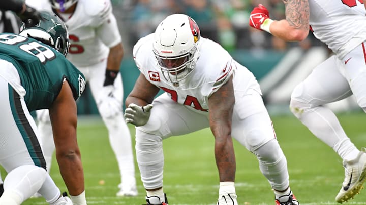 Dec 31, 2023; Philadelphia, Pennsylvania, USA; Arizona Cardinals offensive tackle D.J. Humphries (74) against the Philadelphia Eagles at Lincoln Financial Field. Mandatory Credit: Eric Hartline-Imagn Images