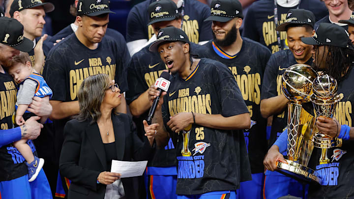 Oklahoma City Thunder forward Jalen Williams speaks after winning the 2025 NBA Finals against the Indiana Pacers
