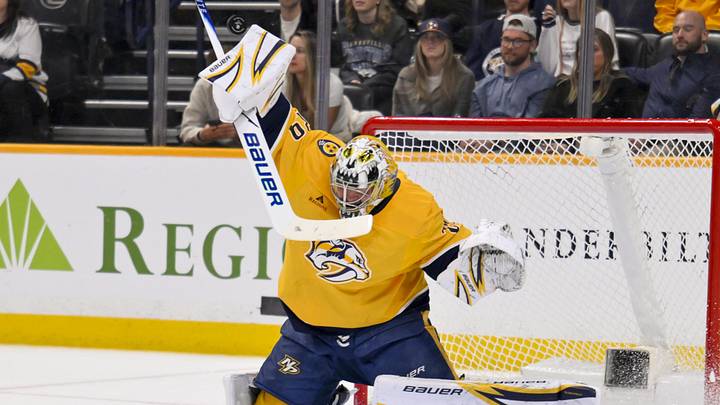 Mar 19, 2026; Nashville, Tennessee, USA; dNashville Predators goaltender Justus Annunen (29) deflects the puck S| uring the second period at Bridgestone Arena. Mandatory Credit: Steve Roberts-Imagn Images Mar 19, 2026; Nashville, Tennessee, USA; dNashville Predators goaltender Justus Annunen (29) deflects the puck S| uring the second period at Bridgestone Arena. Mandatory Credit: Steve Roberts-Imagn Images