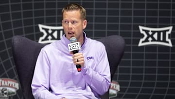 Oct 17, Kansas City, MO, USA; Texas Christian University head coach Mark Campbell answers questions at the Big 12 Women s Basketball Tipoff  at T-Mobile Center. Mandatory Credit: Kylie Graham-Imagn Images