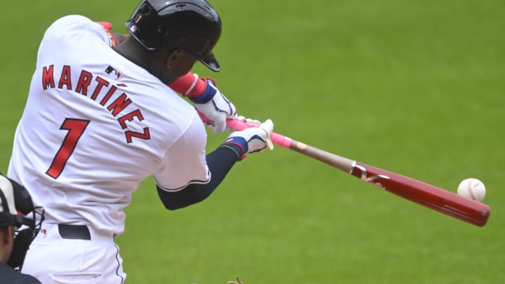 Jul 4, 2024; Cleveland, Ohio, USA; Cleveland Guardians center fielder Angel Martinez (1) singles in the first inning against the Chicago White Sox at Progressive Field. Mandatory Credit: David Richard-USA TODAY Sports