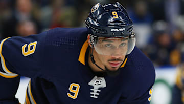 Feb 17, 2018; Buffalo, NY, USA; Buffalo Sabres left wing Evander Kane (9) waits for a faceoff during the second period against the Los Angeles Kings at KeyBank Center. Mandatory Credit: Kevin Hoffman-Imagn Images