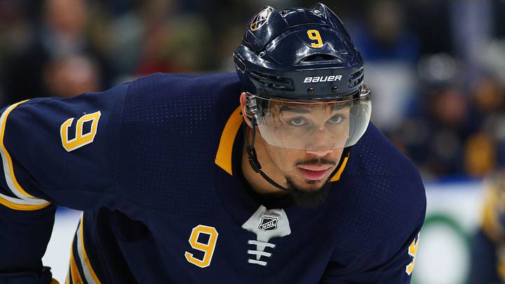 Feb 17, 2018; Buffalo, NY, USA; Buffalo Sabres left wing Evander Kane (9) waits for a faceoff during the second period against the Los Angeles Kings at KeyBank Center. Mandatory Credit: Kevin Hoffman-Imagn Images