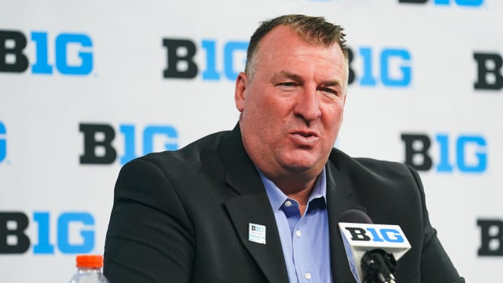 Jul 26, 2023; Indianapolis, IN, USA; Illinois Fighting Illini head coach Bret Bielema speaks to the media during the Big 10 football media day at Lucas Oil Stadium. Mandatory Credit: Robert Goddin-USA TODAY Sports