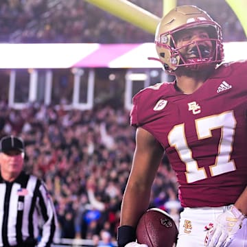 Oct 25, 2024; Chestnut Hill, Massachusetts, USA; Boston College Eagles tight end Jeremiah Franklin (17) reacts to his touchdown against the Louisville Cardinals during the second half at Alumni Stadium. Mandatory Credit: Eric Canha-Imagn Images