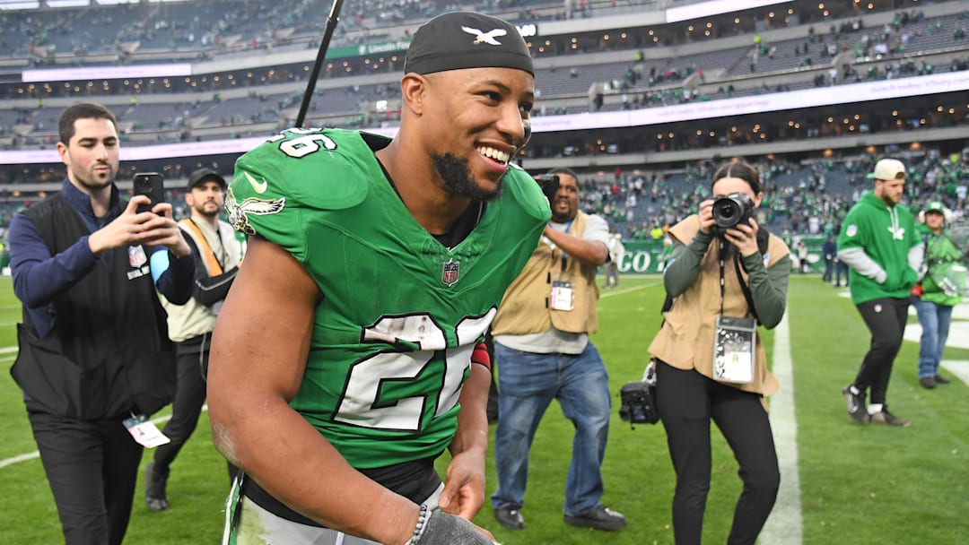 Dec 29, 2024; Philadelphia, Pennsylvania, USA; Philadelphia Eagles running back Saquon Barkley (26) after win against the Dallas Cowboys at Lincoln Financial Field. Mandatory Credit: Eric Hartline-Imagn Images Dec 29, 2024; Philadelphia, Pennsylvania, USA; Philadelphia Eagles running back Saquon Barkley (26) after win against the Dallas Cowboys at Lincoln Financial Field. Mandatory Credit: Eric Hartline-Imagn Images
