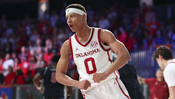 Nov 28, 2024;  Paradise Island, Bahamas, BHS; Oklahoma Sooners guard Jeremiah Fears (0) reacts after scoring during the second half against the Arizona Wildcats in the Imperial Arena at the Atlantis Resort.  Mandatory Credit: Kevin Jairaj-Imagn Images