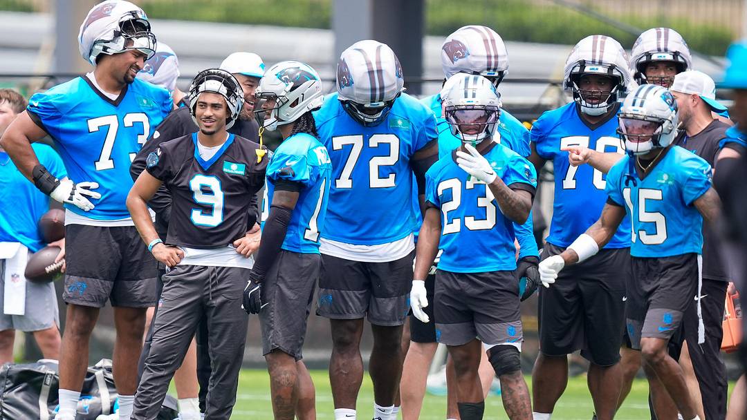 Carolina Panthers quarterback Bryce Young (9) and his offensive teammates during the first day 