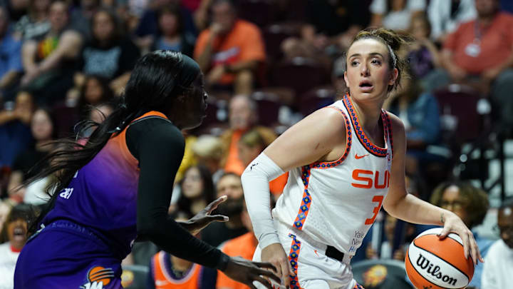 Sep 6, 2025; Uncasville, Connecticut, USA; Connecticut Sun guard Marina Mabrey (3) looks for an opening sgasindt Phoenix Mercury guard Kahleah Copper (2) in the first half at Mohegan Sun Arena. Sep 6, 2025; Uncasville, Connecticut, USA; Connecticut Sun guard Marina Mabrey (3) looks for an opening sgasindt Phoenix Mercury guard Kahleah Copper (2) in the first half at Mohegan Sun Arena.