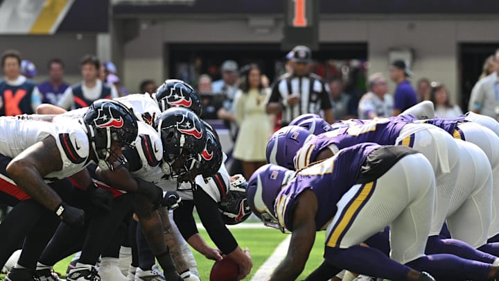 Sep 22, 2024; Minneapolis, Minnesota, USA; The line of scrimmage during the third quarter between the Minnesota Vikings and the Houston Texans at U.S. Bank Stadium. Mandatory Credit: Jeffrey Becker-Imagn Images Sep 22, 2024; Minneapolis, Minnesota, USA; The line of scrimmage during the third quarter between the Minnesota Vikings and the Houston Texans at U.S. Bank Stadium. Mandatory Credit: Jeffrey Becker-Imagn Images